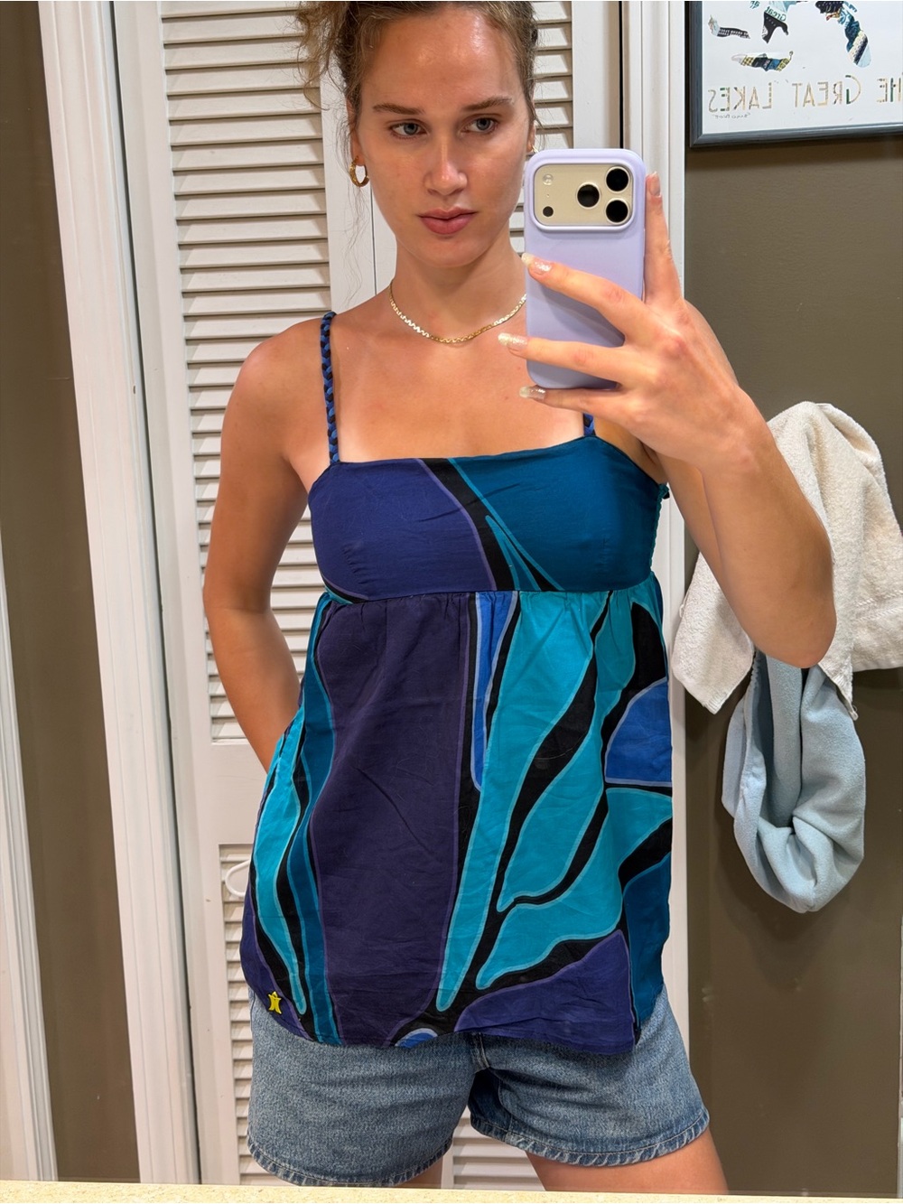 Hurley Blue and Teal Patterned Braided-Strap Camisole